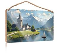Farm Hanging Door Sign Castle By The Lake With Sailboat And Snow-Capped Mountains In Bac Wooded Sign Welcome Sign Home Décor Store Home Decor(20X30CM)