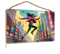 Farm Hanging Door Sign Cityscape: Woman In Pink Jacket Soaring Above Neon-Lit Metropolis Wooded Sign Welcome Sign Home Décor Store Home Decor(23X35CM)