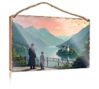 Farm Hanging Door Sign Father And Son Admiring A Fairytale Castle By The Lake Wooded Sign Welcome Sign Home Décor Store Home Decor(20X30CM)