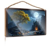 Farm Hanging Door Sign Mystical Night Scene With Full Moon, Ancient Tree, And Stone Chap Wooded Sign Welcome Sign Home Décor Store Home Decor(15X28CM)