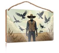 Farm Hanging Door Sign Skull Cowboy In Wheat Field With Raven Swarm Wooded Sign Welcome Sign Home Décor Store Home Decor(15X28CM)