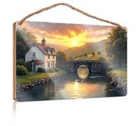 Farm Hanging Door Sign Sunset Serenity: A Bridge Over A Peaceful River Near A Charming C Wooded Sign Welcome Sign Home Décor Store Home Decor(15X28CM)