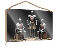 Farm Hanging Door Sign Three Armored Knights In Silver Armor With Red Crosses Wooded Sign Welcome Sign Home Décor Store Home Decor(23X35CM)