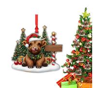 Farm Highland Cow Ornament - 2D Acrylic Christmas Decoration Rustic Holiday Pendant Hanging Christmas Tree Accessory Festive Winter Decoration | Entrance Decor