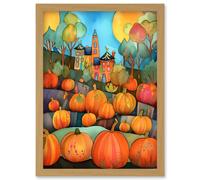 Farm House Halloween Pumpkin Patch Modern Folk Art Watercolour Painting Artwork Framed Wall Art Print A4 Artery8 Light Oak One Size