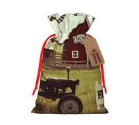 Farm Houses Windmill Tractor Printed Christmas Drawstring Bags,M Reusable Xmas Gift Storage Bags, Red Ribbon
