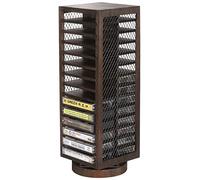 FARM IN Cassette Tape Storage, 360-Degree Rotatable Design Farmhouse Style Cassette Rack Tower, Double-Sided 28-Slot, Rustic Solid Burnt Wood & Diamond Metal Wire Mesh