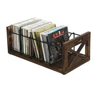FARM IN CD Storage Holder, 5-Slot Farmhouse Industrial CD & DVD Storage Rack with Handles, Barn Door “X-Cross” Design, Rustic Solid Burnt Wood and Black Metal Wire