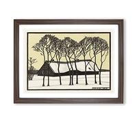Farm In The Snow By Julie De Graag Classic Painting Framed Wall Art Print, Ready to Hang Picture for Living Room Bedroom Home Office Décor, Walnut A4 (34 x 25 cm)