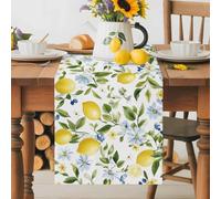 Farm Lemon Green Watercolor Leaves Table Runner 36 Inches Long, Blue Flower Seamless Washable Table Runners Heat-Insulation Kitchen Dining Table Decorations for Home Party Decor 13x36in