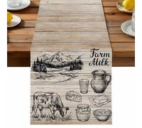 Farm Milk Table Runner, Graffiti Cow Cartoon Cheese Gray Pastoral Landscape Retro Cotton and Table Linen Runner for Kitchen Dining Home Decor for Party Festival Holiday Decoration Gift 13x120in