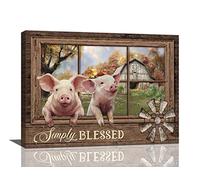Farm Pig Wall Art Window Simply Blessed Cute Pigs Pictures Wall Decor Farmhouse Animal Pig Canvas Print Painting Rustic Funny Pig Decor Artwork For Bedroom Living Room Framed Ready to Hang 12"x16"