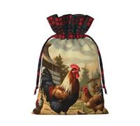 Farm Print Chicken And Rooster Christmas Drawstring Linen Gift Bag Paired With Scottish Plaid Fabric, With A Delicate And Simple Texture