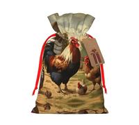 Farm Print Chicken And Rooster Christmas Drawstring Sack Gift Bag, Lightweight And Cute In Design