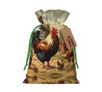 Farm Print Chicken And Rooster Christmas Drawstring Sack Gift Bag, Lightweight And Cute In Design