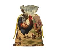 Farm Print Chicken And Rooster Christmas Drawstring Sack Gift Bag, Lightweight And Cute In Design