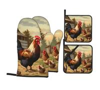 Farm Print Chicken And Rooster Printed Oven Gloves Potholders Set 4 PCS Heat-Resistant Oven Mitts & Hot Pads for Cooking Baking Grilling BBQ Gift