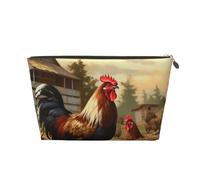 Farm Print Chicken and Rooster Printed Toiletry Bag for Women Girl Portable Travel Cosmetic Bag Leather Makeup Pouch Organizer with Gold Zipper