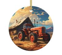 Farm Red Tractor A 2.9-inch Ceramic Christmas Ornament with a Printed Pattern Perfect for windowsills porches and Living Rooms