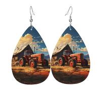 Farm Red Tractor Pattern leather earrings | Water drop-shaped printed earrings, suitable for daily/party/dating scenes