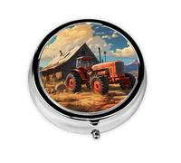 Farm Red Tractor Round mini Pill Box, Lightweight and Portable, with 3 Plastic Inserts, Suitable for Carrying in Pockets or Wallets.