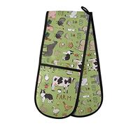 Farm Rooster Milk Cow Donkey Pig Sheep Cat Dog Rabbit on Green Double Oven Mitt Gloves Extra Long Potholder High Heat Resistant for Baking Cooking Baking Grilling Handling Hots Pans 35"x7"