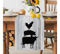 Farm Rooster Pig and Cow Table Runner 72 Inches Long,Table Runners Kitchen Dining Tables Decoration for Home Party Decor, Black Animal Silhouette Retro Wood Grain Tables Runner Wedding Dresser Scarf