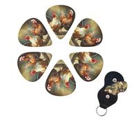 Farm Rustic Chickens Guitar Picks 6 Pack, 0.71mm Thickness Celluloid Bass Pick with Leather Guitar Pick Holder Keychain Abstract Art Pics Plectrum for Acoustic Electric Guitar, Ukulele, Bass