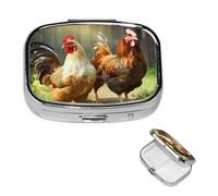 Farm Rustic Chickens Pill Box with Mirror 2 Compartment Decorative Pill Case for Purse or Pocket Small Square Pill Organizer Weekly Metal Medicine Tablet Vitamin Holder Travel Gift