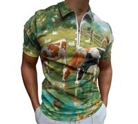 Farm Scene Cows Ducks Chickens Men's Short Sleeve Polo Shirts Casual Zippered Golf Shirt Slim Fit T-Shirt Tops