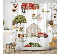 Farm Shower Curtain 180 x 180 cm, ASDCXZ Rustic Farm Red Barn Animal Pig Chicken Cow Dog Sheep Washable Shower Curtains Polyester Textile Waterproof Shower Curtain for Bath with 12 Hooks
