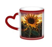 Farm Sunflower Coffee Mug with Handle 11 Oz, Color Changing Cups In The Sky, Heat Sensitive Magic Funny Art Mug, Unique Coffee Tea Cup Porcelain Mugs Gift for Women Men Red