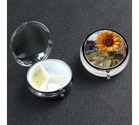 Farm Sunflower Pill Box 3 Compartment Waterproof Pill Container with Mirror Metal Medicine Box Organizer Portable Vitamin Case for Pocket & Purse Travel - Round