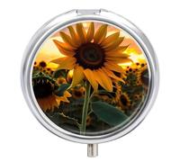 Farm Sunflower Pill Box Small Round Pill Case Portable Travel Pill Container Multi-Functional Moisture Proof Metal Medicine Pill Organizer Box for Vitamins Fish Oil