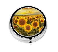 Farm Sunflowers Printed Round Pill Organizer with 3 Compartments, Portable Mini Pill Box Pill Case for Medicine, Vitamin, Fish Oil, Supplements