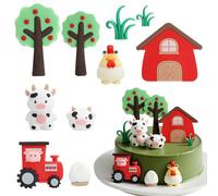 Farm Theme Cake Toppers 10pcs - Tractor, Cow, Chicken, Barn, Tree Figures - Reusable Silicone Animal Cake Decorations for Kids Birthday Party or Baby Shower