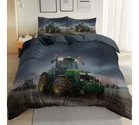 Farm Theme Green Tractor Fields Printed Bedding Set, Duvet Cover Set Double Size 200 x 200 cm, Brushed Microfiber Soft Hypoallergenic Reversible 3 PCs with Zipper Closure, Grey