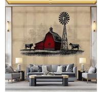 Farm Themes Barns Photo Mural - 200 x 140 cm Non-Woven Premium Fleece Wall Mural - High Definition Art Print Teen Bedroom Game Room Decoration Environmental Friendly Brown Photo Wallpaper