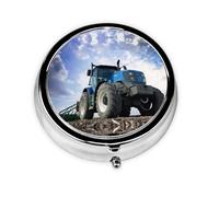 Farm Tractor (1) Round Pill Box - Full Print Design, Metal Electroplated Compact Medicine Case for Travel, Fits Pockets & Wallets