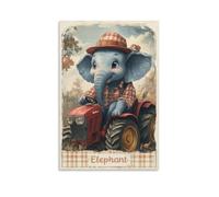 Farm Tractor Elephant Nursery Art Cute Cartoon Baby Elephant in Farmer Outfit Driving Red Tractor Country Safari Jungle Wall Poster for Baby Room Or Rustic Kids Decor Gift 12x18inch(30x45cm) Unframe