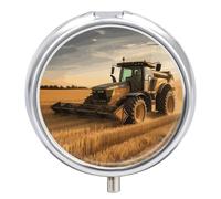 Farm Tractor Harvest Travel Pill Box Case 3 Compartment Cute Pill Organizer Metal Pill Holder with Mirror Small Medicine Organizer Daily Pill Container for Purse Pocket Portable Meds Box