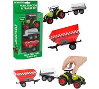 Farm Tractor & Trailer Set for Kids - Green Toy Tractor with Red Wheels and White Roof Includes 2 Attachable Plastic Trailers Light and Sound Friction Power Interactive Farm Machinery Toy