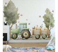 Farm Tractor Wall Decal,Farmhouse Animals Chickens, Ducks, Birds,Goose,Clouds,Trees Wall Stickers,Farm Tractor with Trailer Decor for Boys Girls Playroom Barn Nursery Kids Room