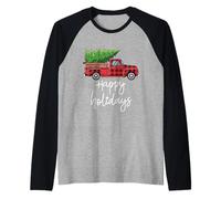 Farm Truck Loaded with Christmas Tree Happy Holidays Raglan Baseball Tee