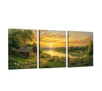 Farm Wall Art Sunset Canvas Wall Art Wooden Framed, Set of 3 Modern Artwork Painting on Canvas Print Pictures Posters for Living Hallway Stairs Bedroom Bathroom Room Decor Ready To Hang 50x75cm U1-773