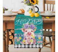 Farm Watercolor Flower Pink Pig Table Runner 70 Inches Long,Table Runners Kitchen Dining Tables Decoration, Rustic Wood Grain Buffalo Tables Runner for Home Party Wedding Dresser Scarf