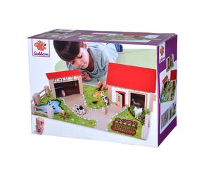 - Farm with accessories, play plate with 2 buildings, figures, animals and fences, 20 pieces, 36 x 51 cm, made of beech wood, from 3 years