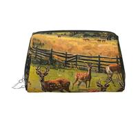 Farm with Deer Print Premium Leather Toiletry Travel Pouch with Waterproof Portable Pouch Open Flat Makeup Bag