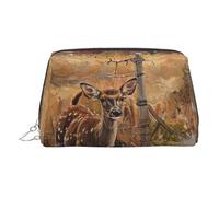 Farm with Deer Print Premium Leather Toiletry Travel Pouch with Waterproof Portable Pouch Open Flat Makeup Bag