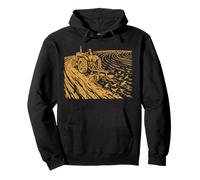Farmer Tractor Plow Linocut Farm Field Art Pullover Hoodie